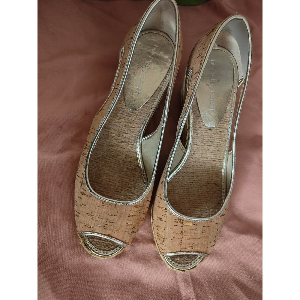 Donald J Pliner Charlot2c Cork Gold Peep Toe Espadrille Wedge Sandals 8M